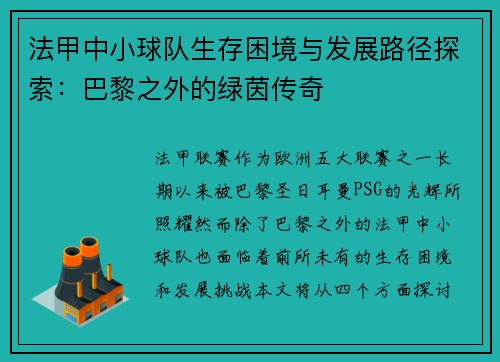 法甲中小球队生存困境与发展路径探索：巴黎之外的绿茵传奇