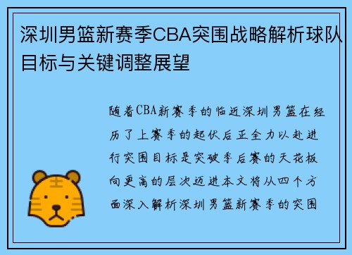 深圳男篮新赛季CBA突围战略解析球队目标与关键调整展望